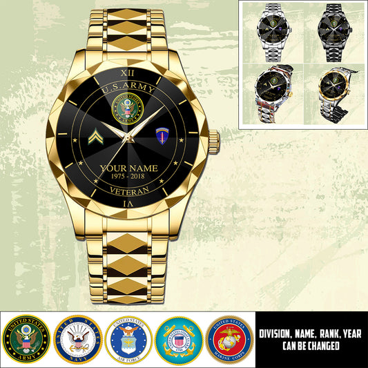 Army Division - Personalized US Soldier/ Veteran Rank And Name Gentleman Crystal Metal Watch - 17448480