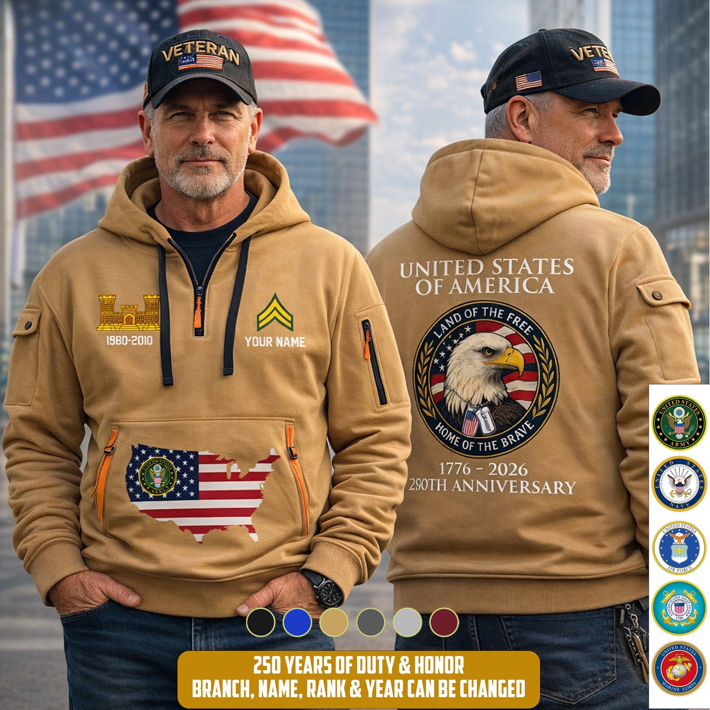 Army Branch - Personalized 250th America Anniversary Zip Hoodie Multicolor, Land Of The Free Home Of The Brave Zip Hoodie, Custom Military Branch Hoodie - 17691264