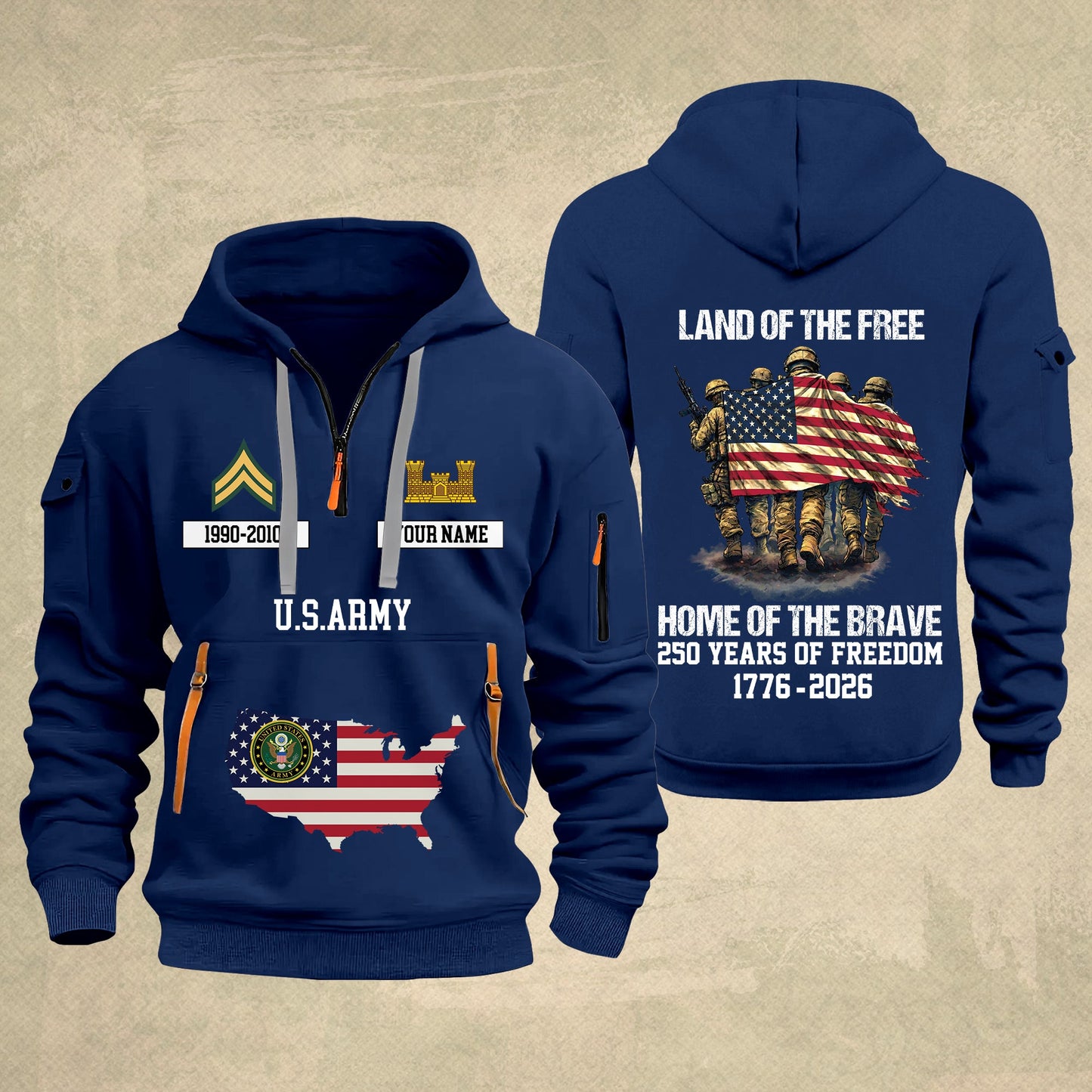 Army Branch - Land Of The Free Home Of The Brave – Personalized Zip Hoodie Multicolor, Custom Rank Unit Military Branch Zip Hoodie Multicolor, 250th USA, 4th of July - 17700768