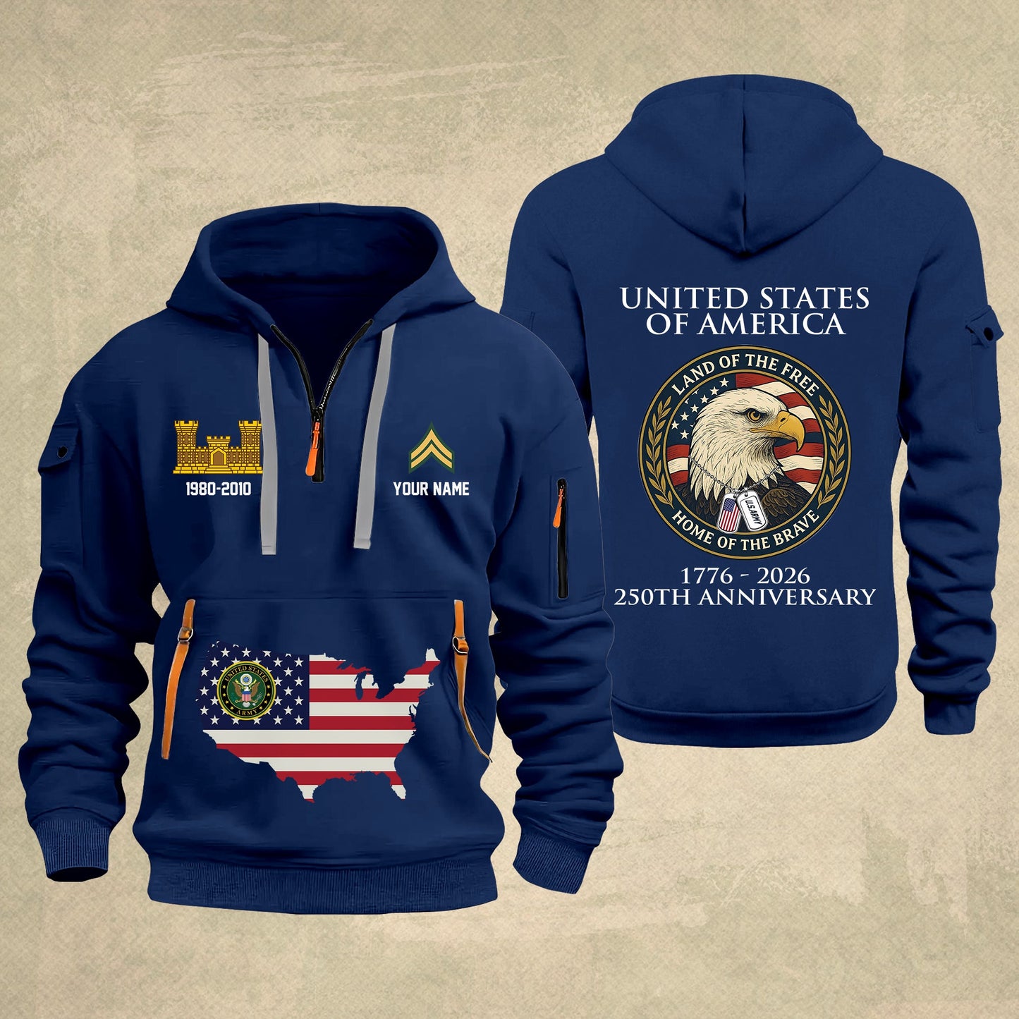 Army Branch - Personalized 250th America Anniversary Zip Hoodie Multicolor, Land Of The Free Home Of The Brave Zip Hoodie, Custom Military Branch Hoodie - 17691264
