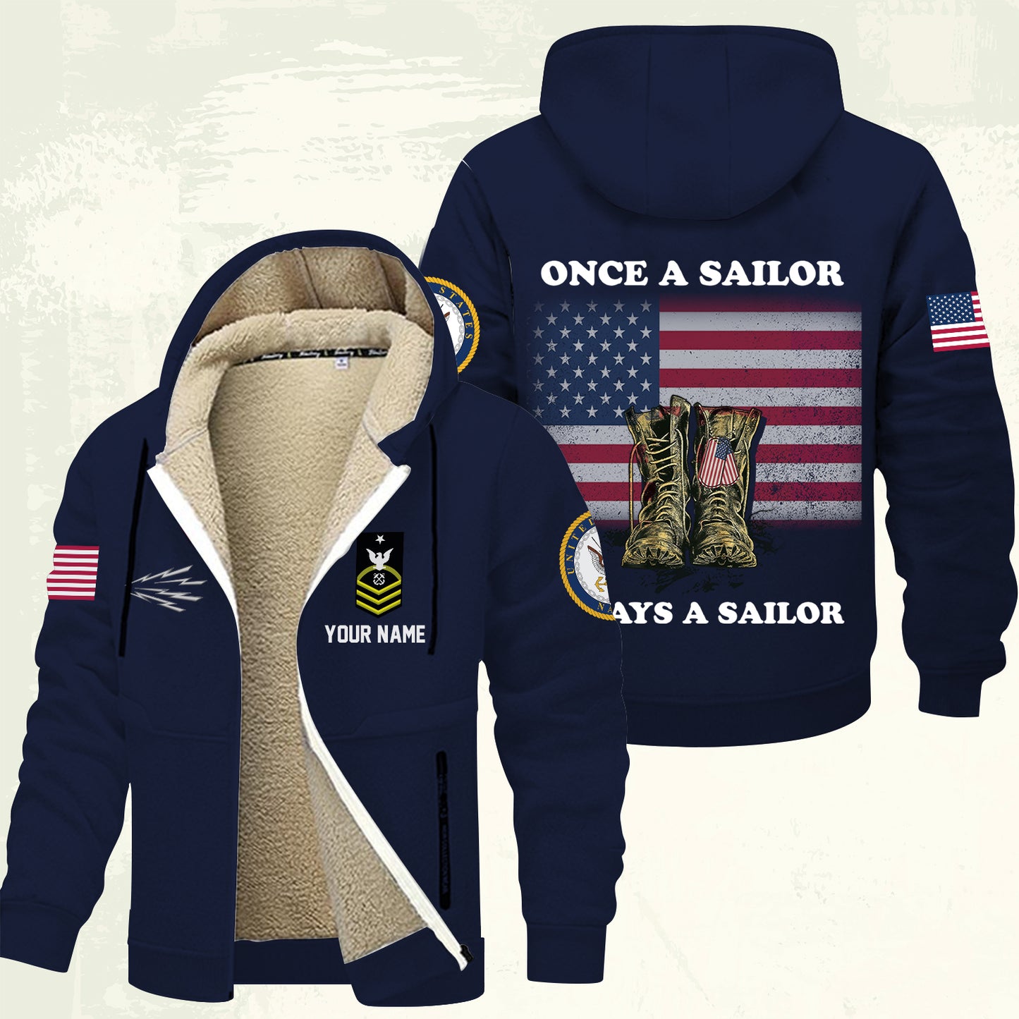 Navy Rating - Personalized US Soldier/ Veteran With Name And Rank Hoodie Zip Velvet Coat - 17362944