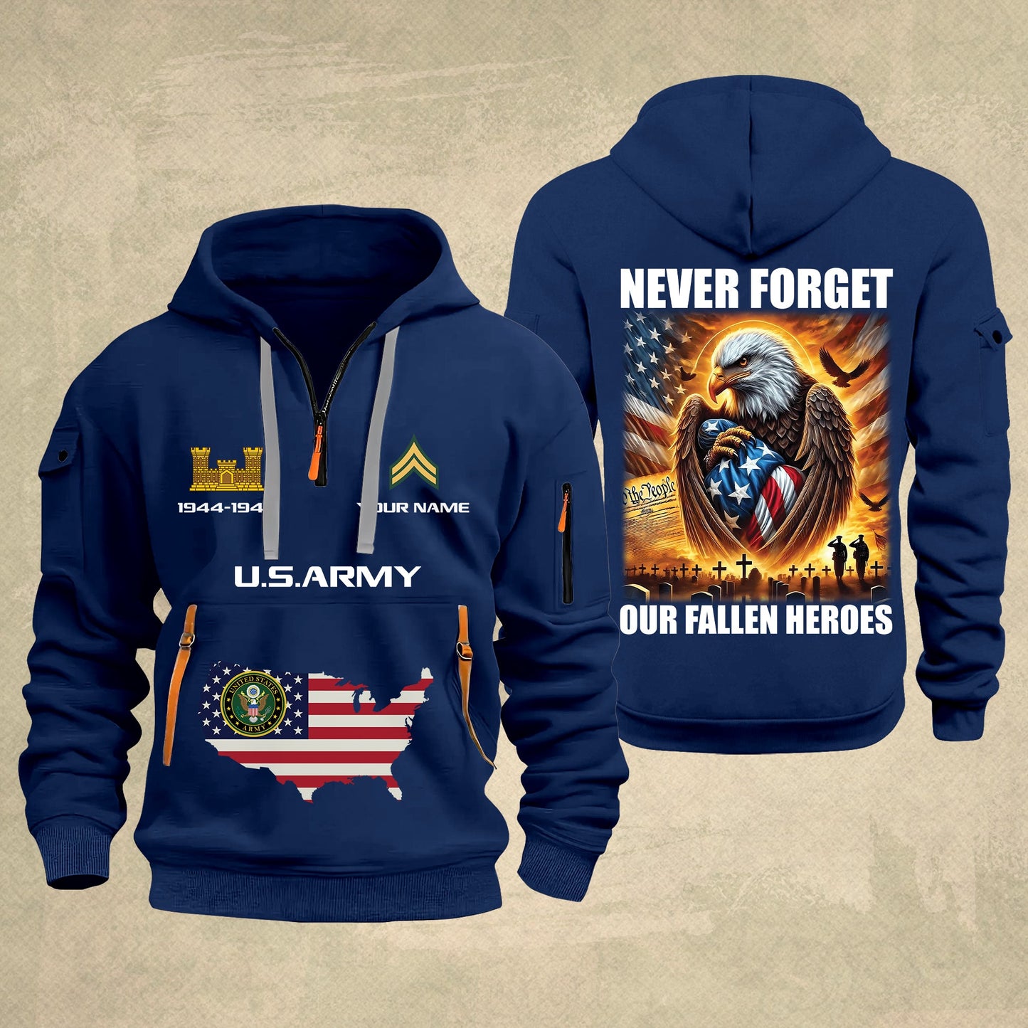 Army Branch - Never Forget Our Fallen Heroes 250th USA – Personalized Zip Hoodie Multicolor, 4th of July Zip Hoodie Multicolor, Custom Military Zip Hoodie Multicolor - 17692128
