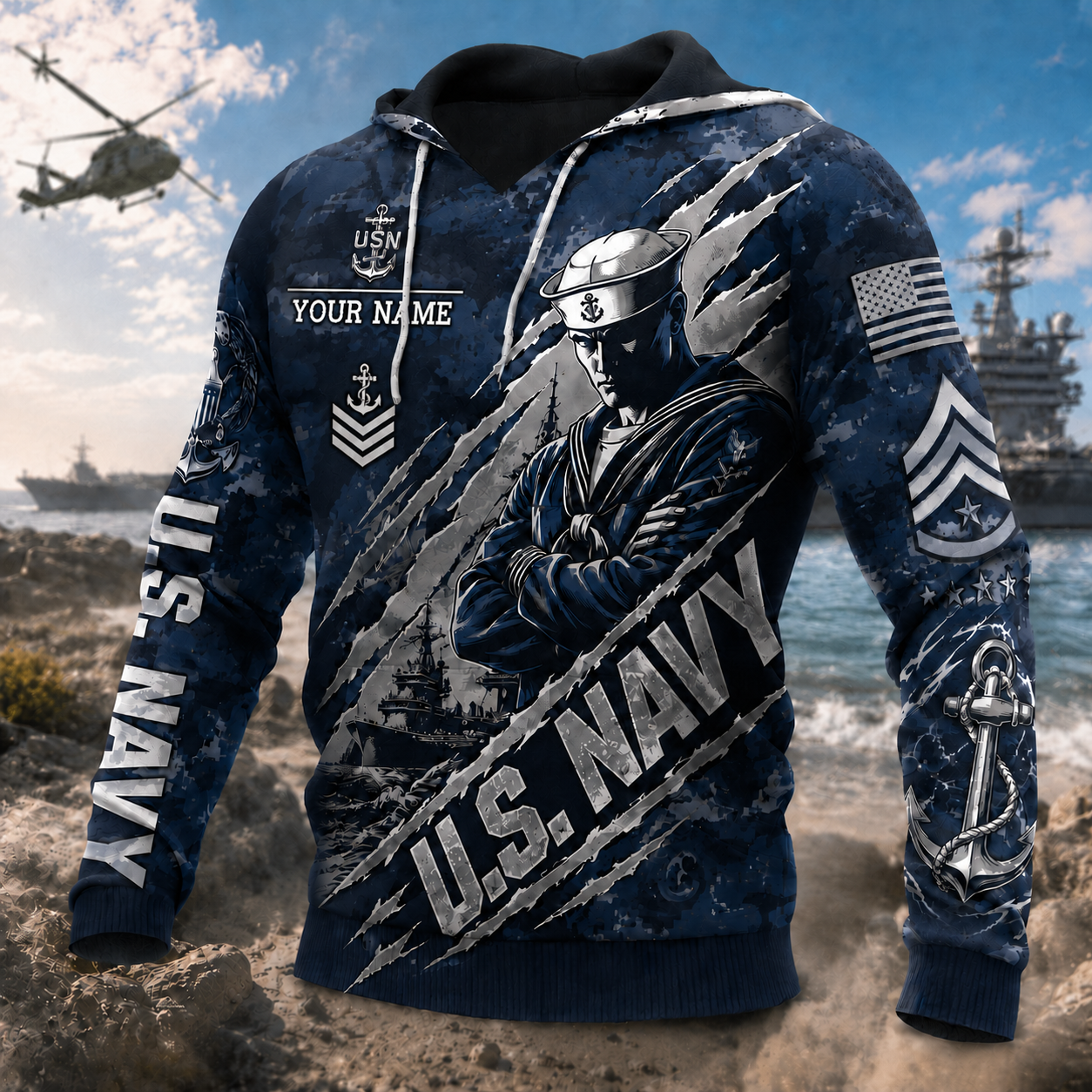 U.S. Navy Veteran Custom Hoodie, Personalized Name and Rank Gift - 1778716801