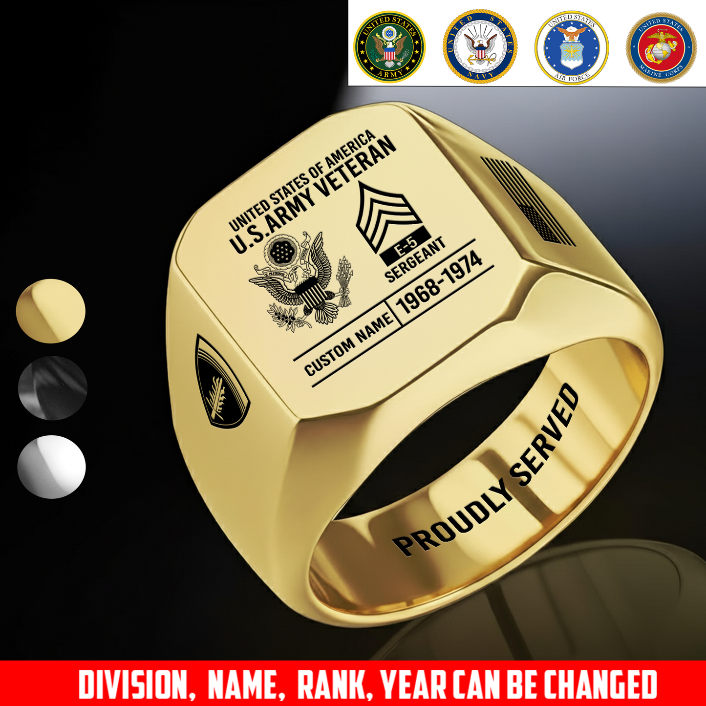Army Division - Personalized US Soldier/Veteran with Name and Rank Engraved Men’s Ring - 17756928