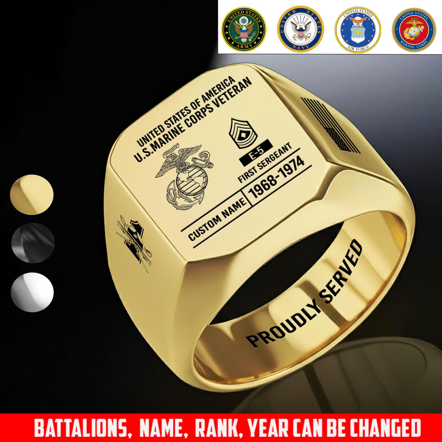 Marine Battalions - Personalized US Soldier/Veteran with Name and Rank Engraved Men’s Ring - 17756928