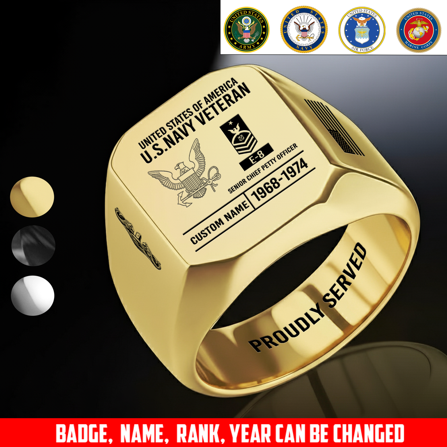 Navy Badge - Personalized US Soldier/Veteran with Name and Rank Engraved Men’s Ring - 17756928