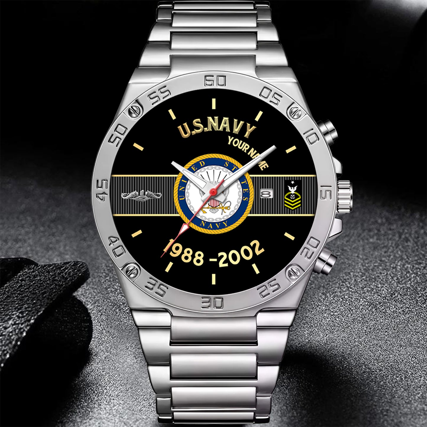 Navy Badge - Personalized US Soldier/ Veteran With Name And Rank Gentleman Stainless Steel Watch - 17388000