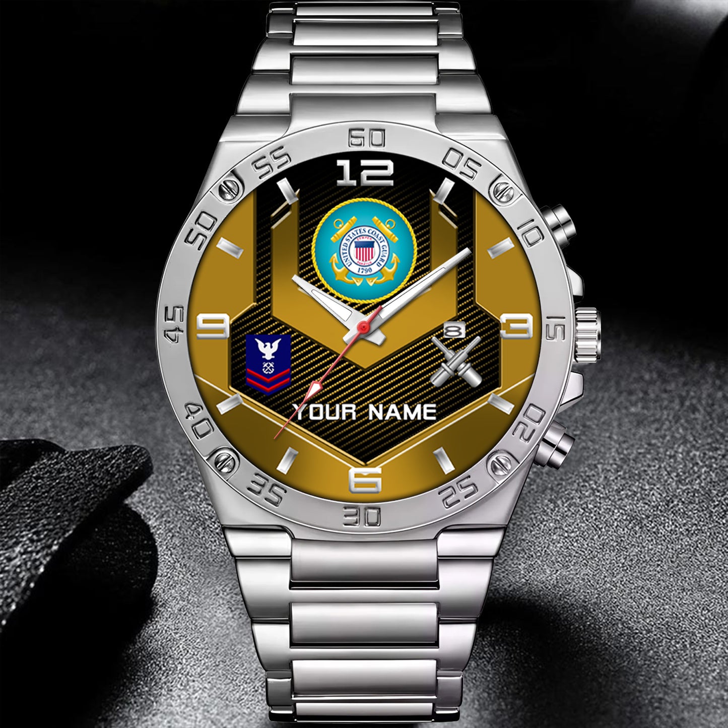 Coast Guard Rating - Personalized US Soldier/ Veteran With Name And Rank Gentleman Stainless Steel Watch - 17491680