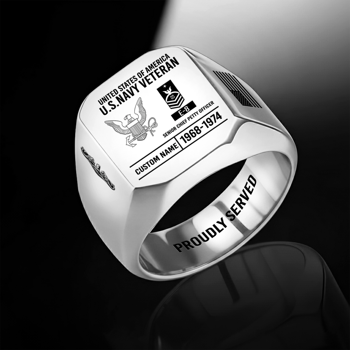 Navy Badge - Personalized US Soldier/Veteran with Name and Rank Engraved Men’s Ring - 17756928