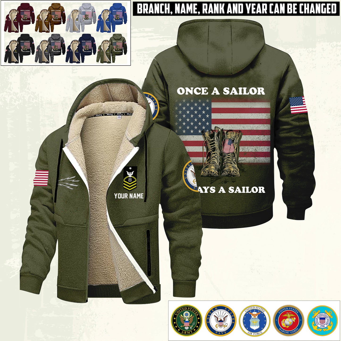 Navy Rating - Personalized US Soldier/ Veteran With Name And Rank Hoodie Zip Velvet Coat - 17362944