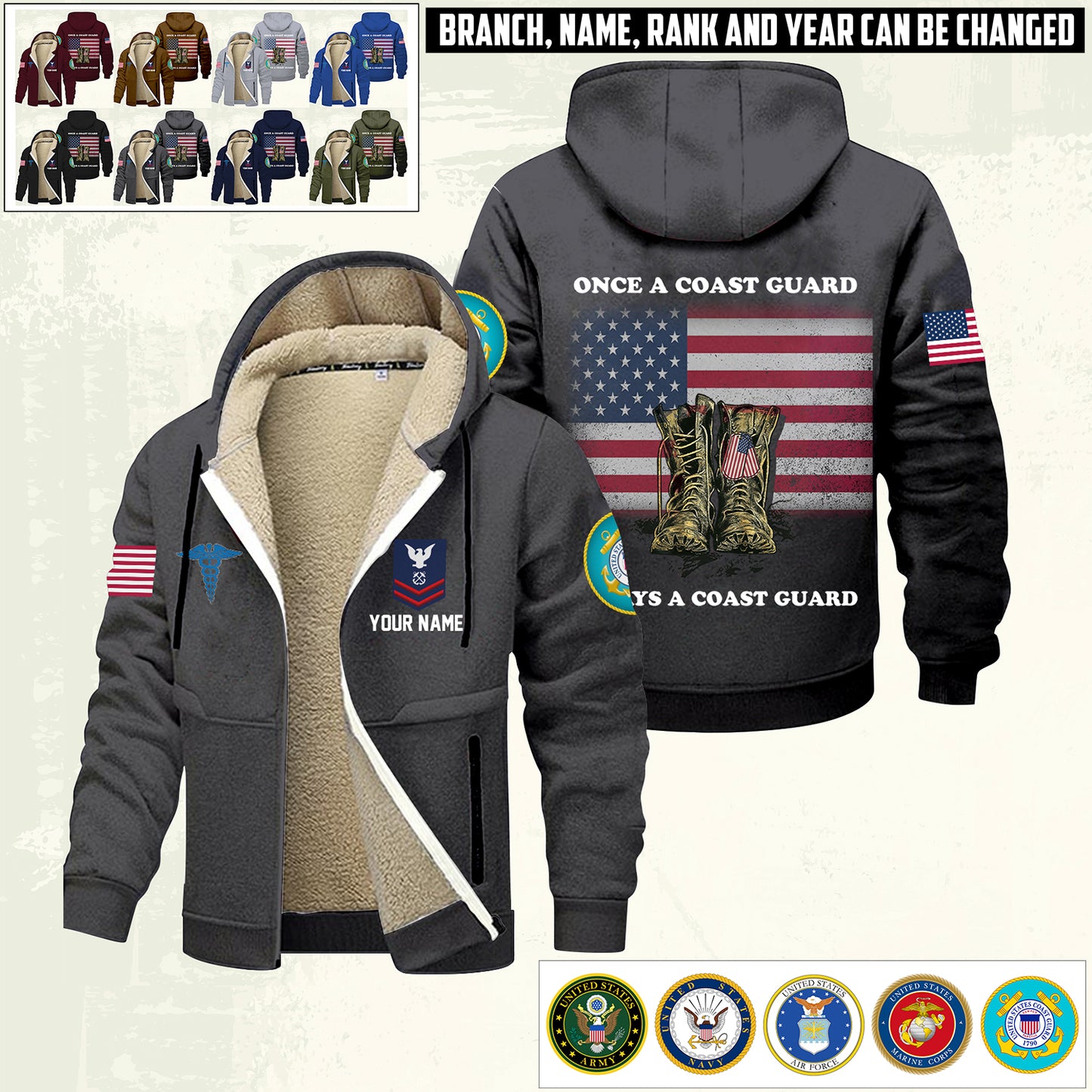 Coast Guard Rating - Personalized US Soldier/ Veteran With Name And Rank Hoodie Zip Velvet Coat - 17362944