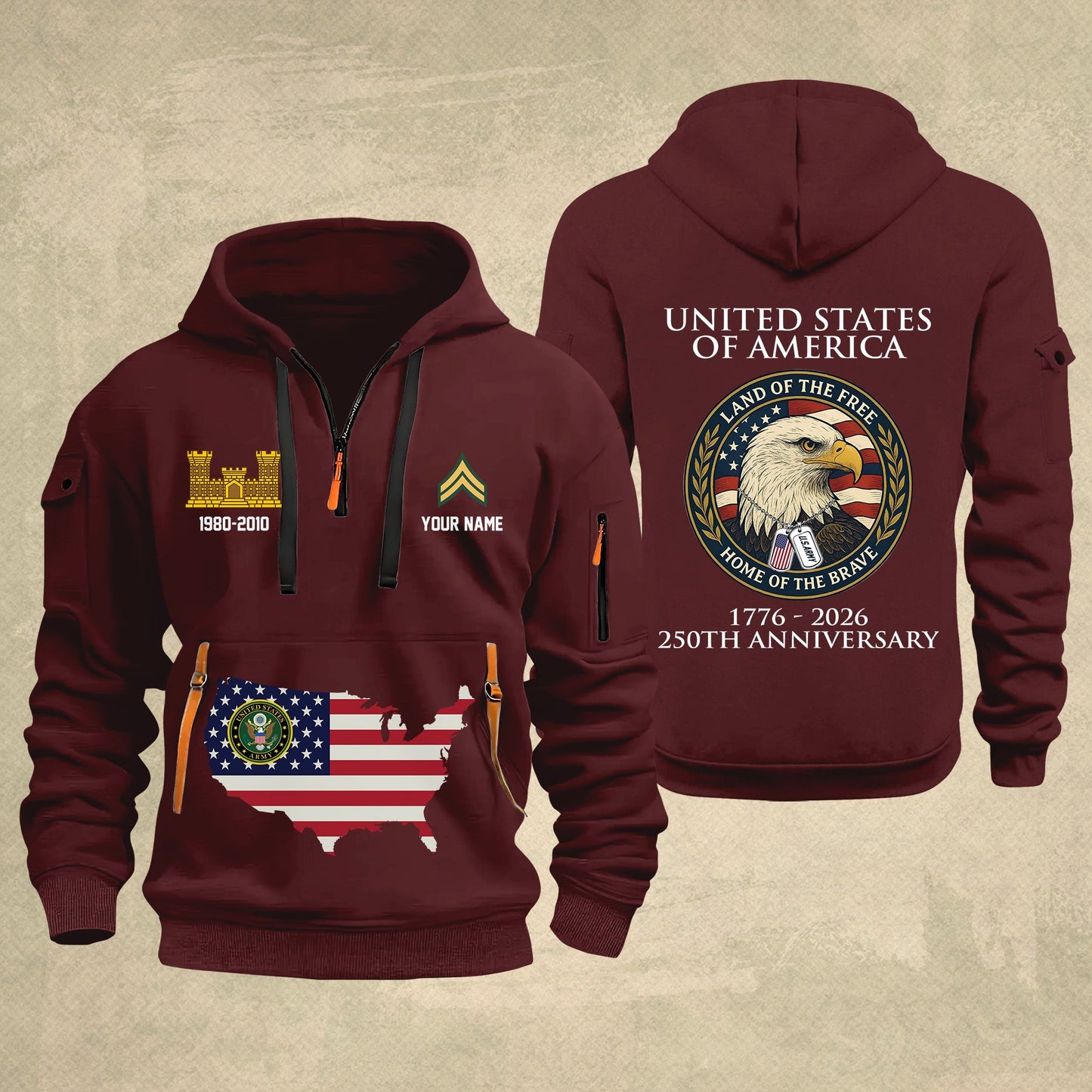 Army Branch - Personalized 250th America Anniversary Zip Hoodie Multicolor, Land Of The Free Home Of The Brave Zip Hoodie, Custom Military Branch Hoodie - 17691264