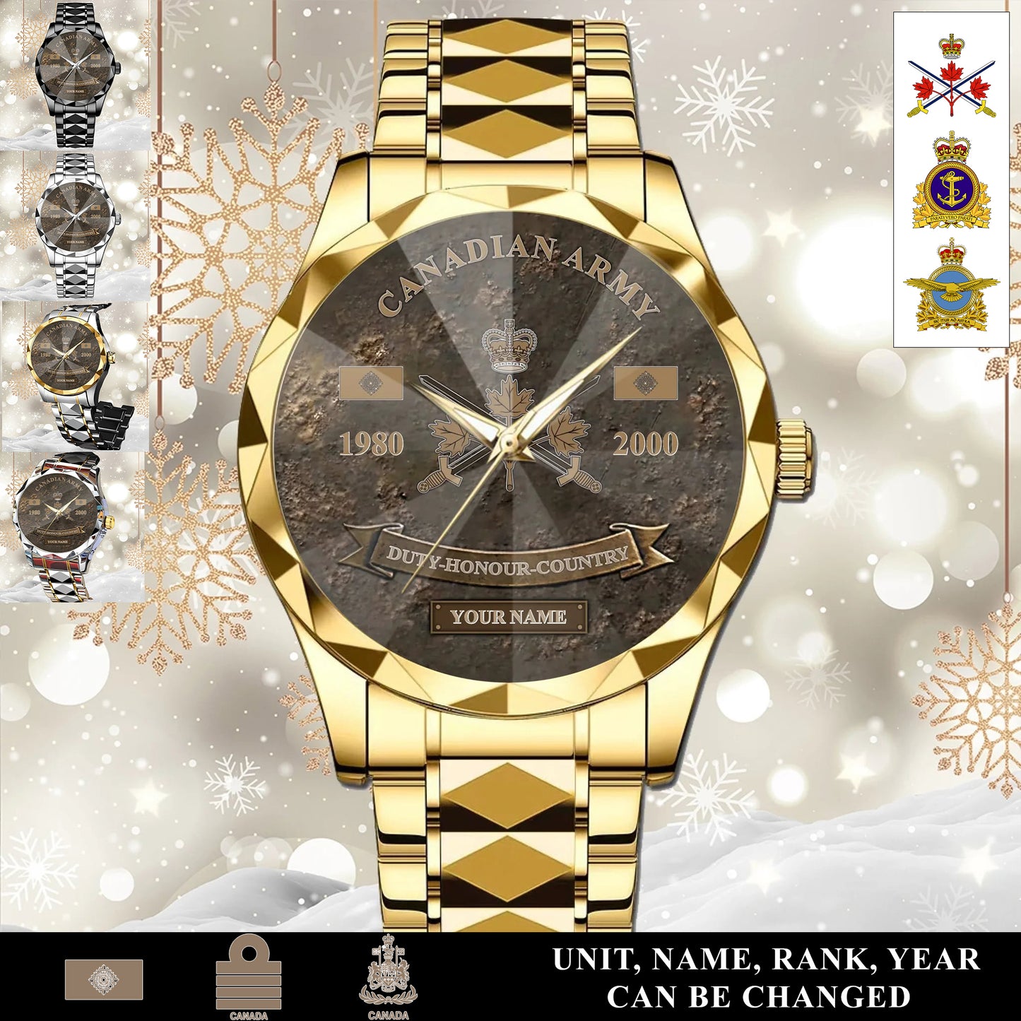 Personalized Canada Soldier/Veteran with Name, Year and Rank Diamond-Cut Bezel Watch - 17649792