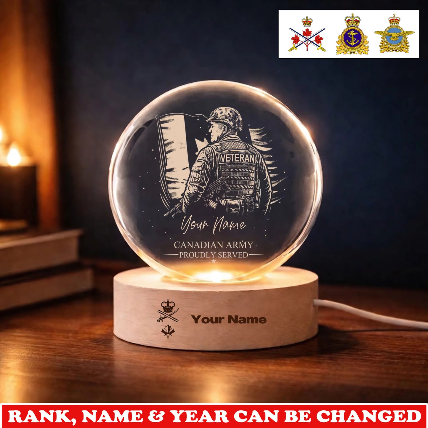 Personalized Canada Veteran/ Soldier With Rank, Year And Name Crystal Ball Night Light - 1775692801